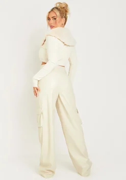 Cheap Enya Cream Pu Wide Leg Cargos Women Trousers