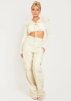 Cheap Enya Cream Pu Wide Leg Cargos Women Trousers