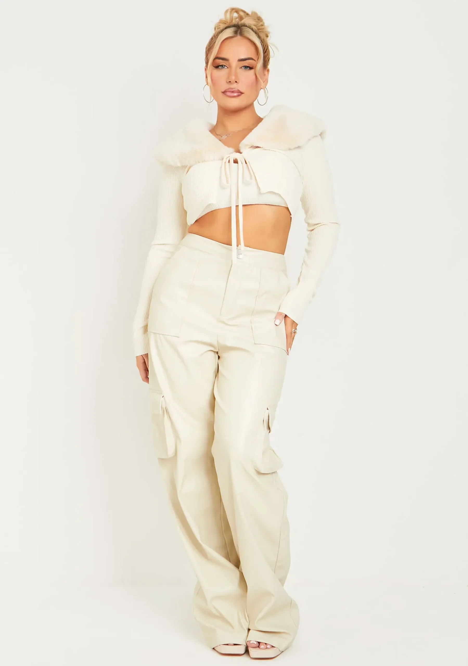 Cheap Enya Cream Pu Wide Leg Cargos Women Trousers
