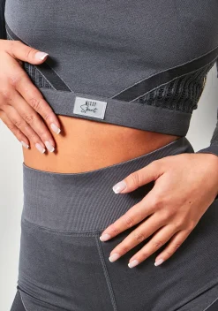 Enya Charcoal Premium Missy Sport Seamless Ladder Detail Long Sleeve Crop Top^Missy Empire Sale