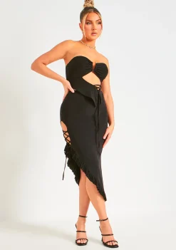 Erin Black Slinky Lace Up Detail Frill Hem Midi Skirt^Missy Empire Best Sale