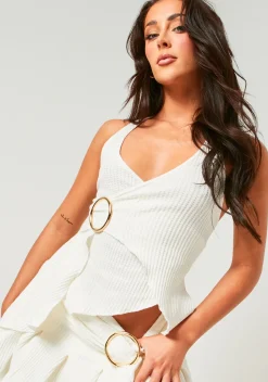 Eryn Cream Textured Ring Asymmetric Halterneck Top^Missy Empire New