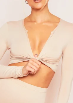 Esme Beige Plunge Knot Crop Top^Missy Empire Online