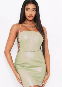 Hot Estella Olive Pu Lace Up Mini Dress Women Dresses