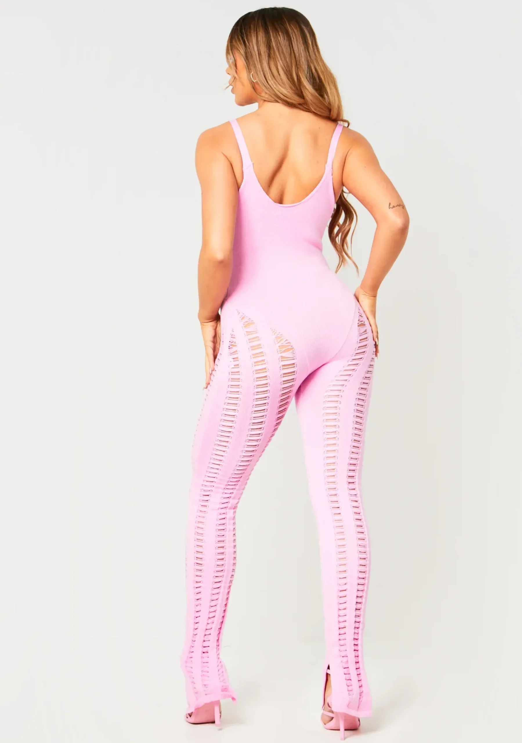 Cheap Eva Baby Pink Laddered Knitted Seam Jumpsuit Women Jumpsuits & Playsuits
