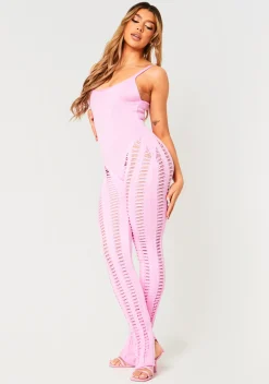 Cheap Eva Baby Pink Laddered Knitted Seam Jumpsuit Women Jumpsuits & Playsuits
