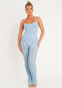 Cheap Eva Pastel Blue Laddered Knitted Seam Jumpsuit Women Jumpsuits & Playsuits