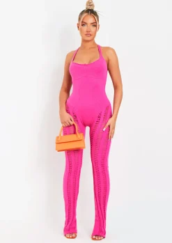 Store Eva Pink Laddered Knitted Seam Jumpsuit Women Jumpsuits & Playsuits