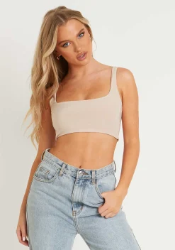 Evelyn Sand Slinky Square Neck Extreme Crop Top^Missy Empire Store