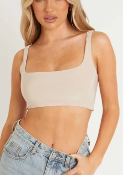 Evelyn Sand Slinky Square Neck Extreme Crop Top^Missy Empire Store