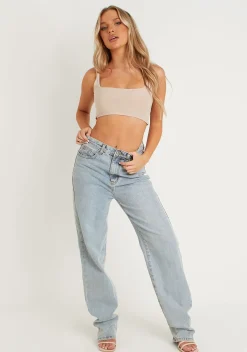 Evelyn Sand Slinky Square Neck Extreme Crop Top^Missy Empire Store