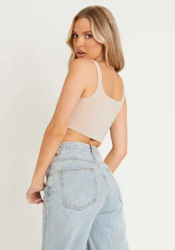 Evelyn Sand Slinky Square Neck Extreme Crop Top^Missy Empire Best