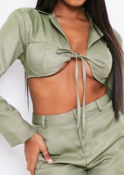 Everly Khaki Tie Front Bust Detail Cropped Blazer Co-Ord^Missy Empire Store