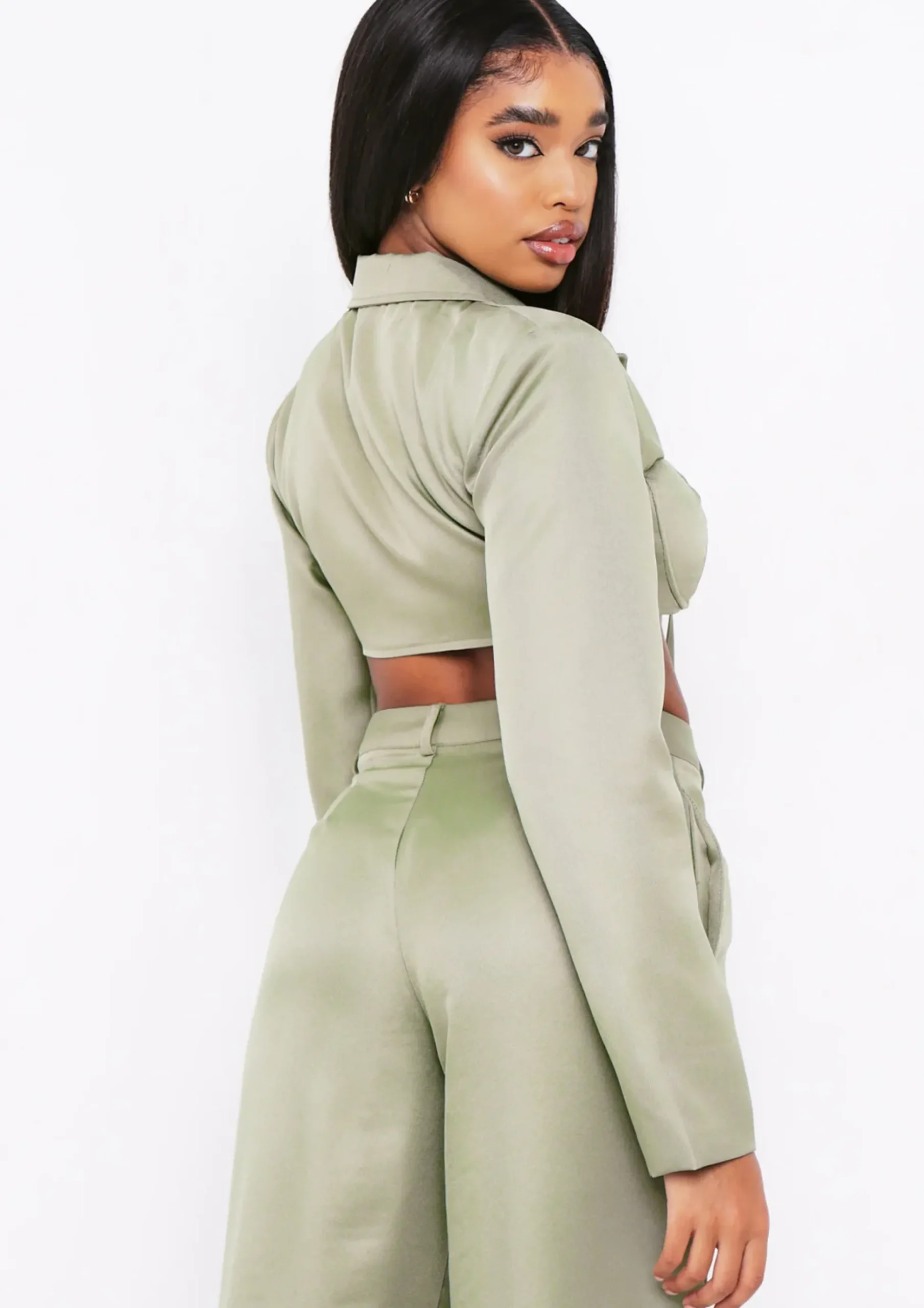 Everly Khaki Tie Front Bust Detail Cropped Blazer Co-Ord^Missy Empire Store