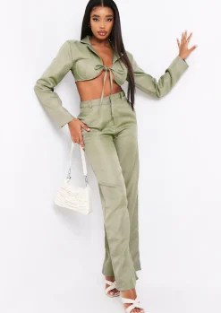 Everly Khaki Tie Front Bust Detail Cropped Blazer Co-Ord^Missy Empire Store