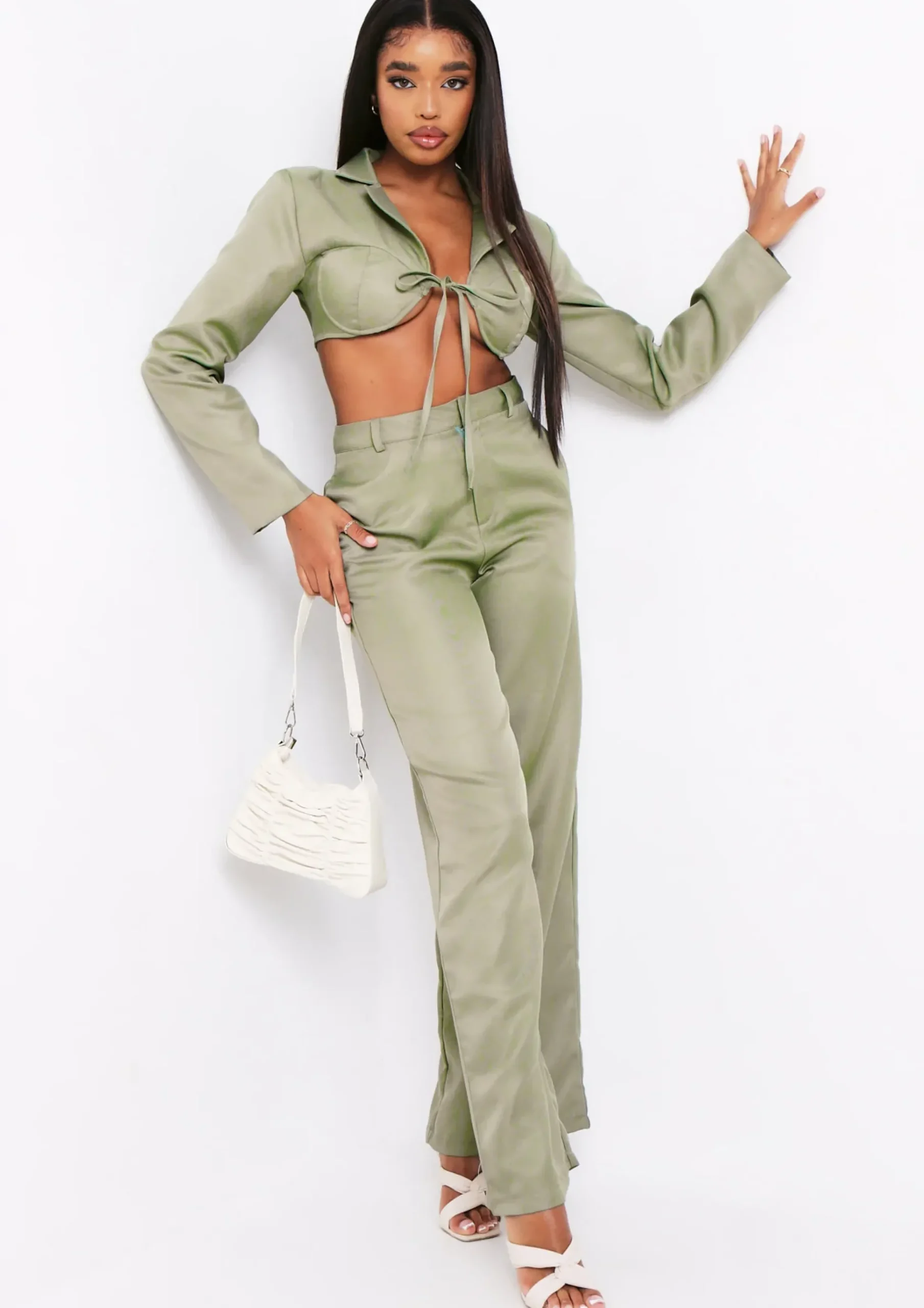 Everly Khaki Tie Front Bust Detail Cropped Blazer Co-Ord^Missy Empire Store