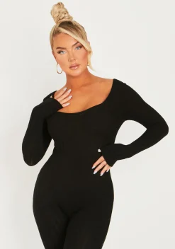 Discount Evie Black Knitted Long Sleeve Ribbed Jumpsuit Women Jumpsuits & Playsuits