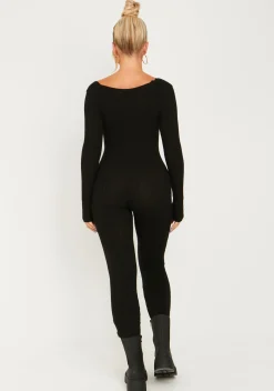 Discount Evie Black Knitted Long Sleeve Ribbed Jumpsuit Women Jumpsuits & Playsuits