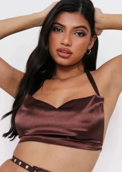 Fabiana Chocolate Halterneck Satin Metal Strap Top^Missy Empire Discount