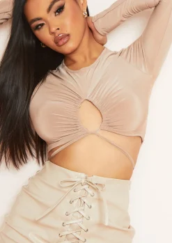 Faith Beige Slinky Ruched Front Tie Waist Crop Top^Missy Empire Best Sale