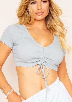 Faith Grey Ruched Tie Ribbed Crop Top^Missy Empire Cheap