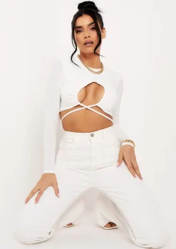 Faith Ivory Slinky Ruched Front Tie Waist Crop Top^Missy Empire Best