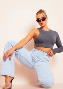 Farah Slate Grey Double Thickness One Sleeve Racer Crop Top^Missy Empire Cheap