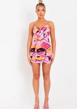 Outlet Fatima Pink Abstract Printed Ruched Chain Strap Mini Dress Women Dresses