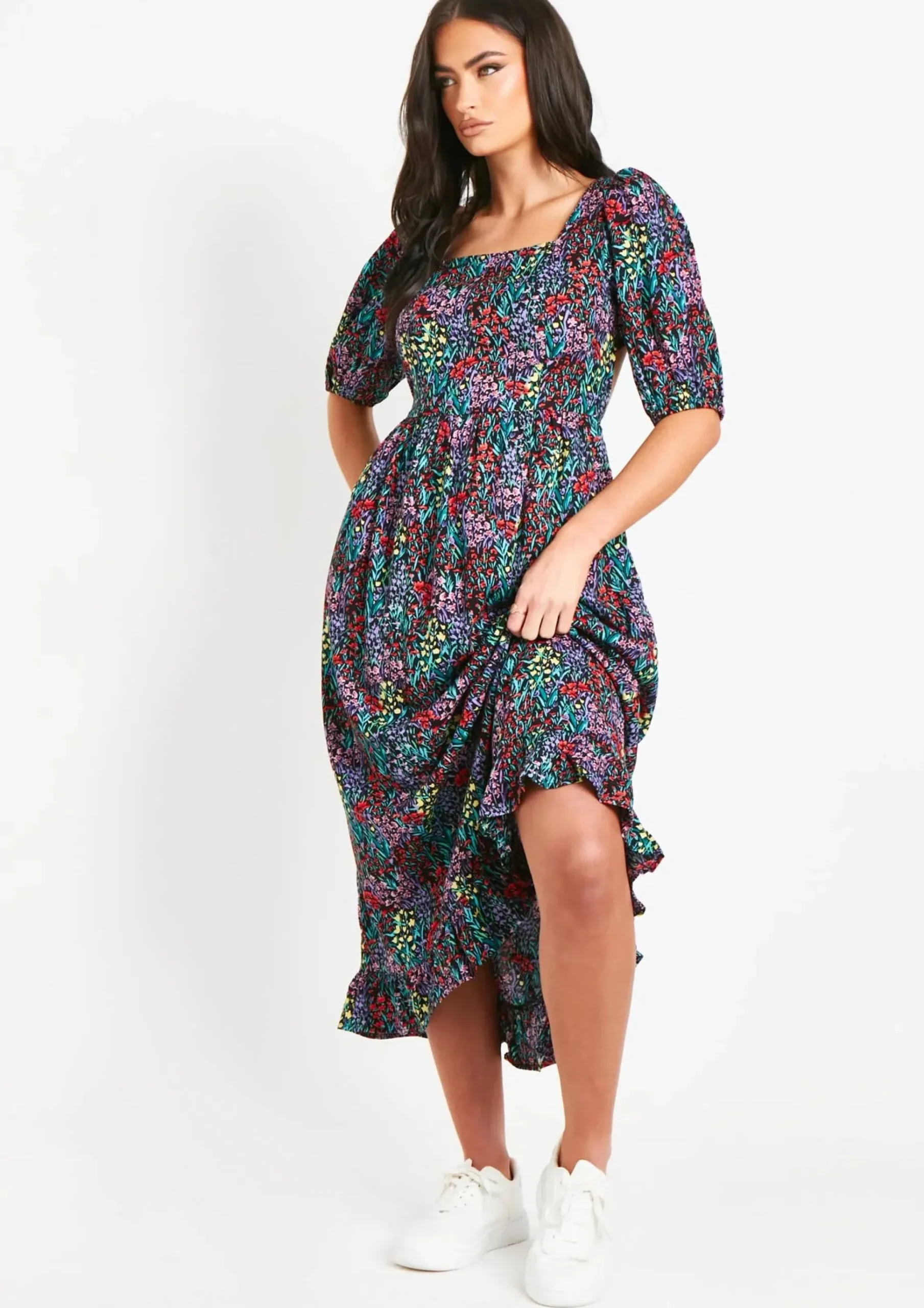Cheap Fiona Black Floral Multi Printed Midi Dress Women Dresses