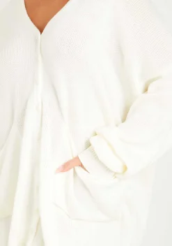 Shop Freya Cream Knitted Oversized Button Through V-Neck Cardigan Dress Women Loungewear