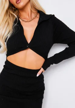 New Gabrielle Black Distressed Cut Out Knit Mini Dress With Connected Buttons Women Dresses