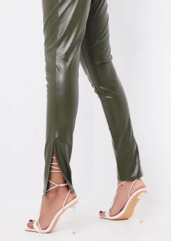 Discount Georgie Khaki Vegan Leather Side Split Leggings Women Leggings