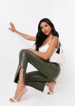 Discount Georgie Khaki Vegan Leather Side Split Leggings Women Leggings