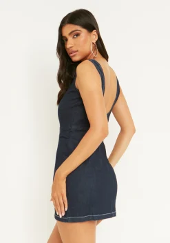 Clearance Giana Blue Denim Contrast Seam Mini Dress Women Dresses