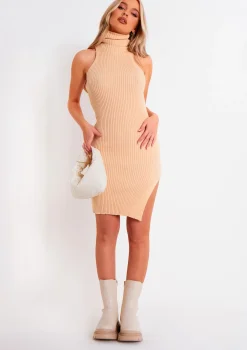 Flash Sale Gina Beige Ribbed Knit Roll Neck Dress With Split Women Dresses