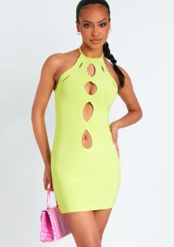 Fashion Giselle Lime Cut Out Halter Neck Double Layered Mini Dress Women Dresses