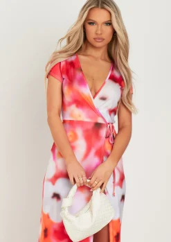 Hot Gloria Pink Floral Print Wrap Maxi Dress Women Dresses