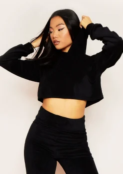 Online Grace Black Velour Cropped Hoodie Women Tracksuits