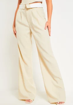 Shop Gracie Beige Fold Over Waist Wide Leg Trousers Women Trousers