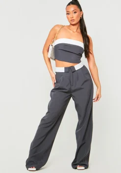 Clearance Gracie Charcoal Fold Over Waist Wide Leg Trousers Women Trousers