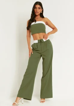 Sale Gracie Khaki Fold Over Waist Wide Leg Trousers Women Trousers