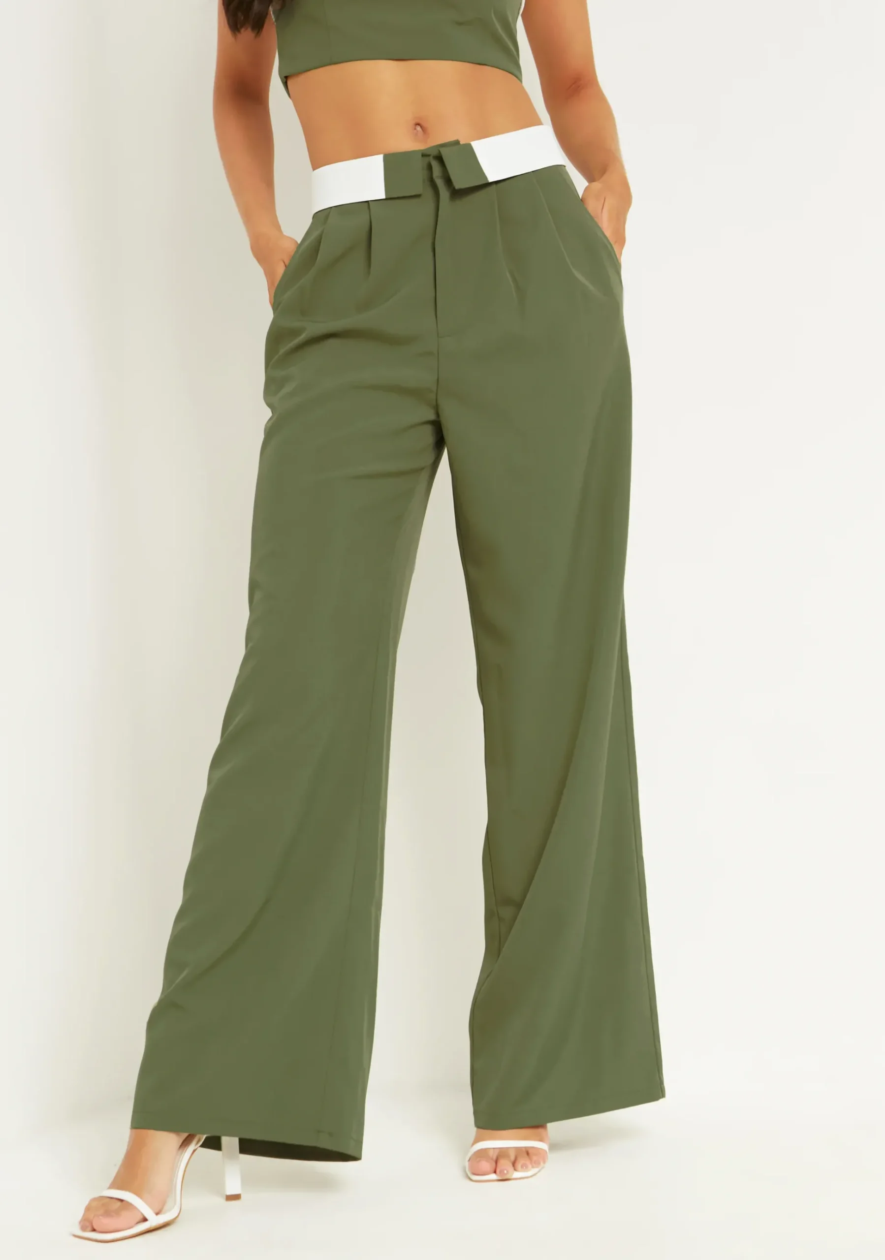 Sale Gracie Khaki Fold Over Waist Wide Leg Trousers Women Trousers
