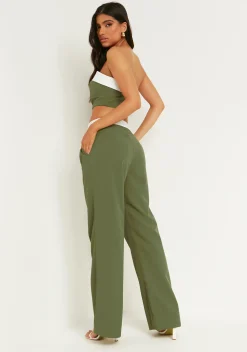 Sale Gracie Khaki Fold Over Waist Wide Leg Trousers Women Trousers