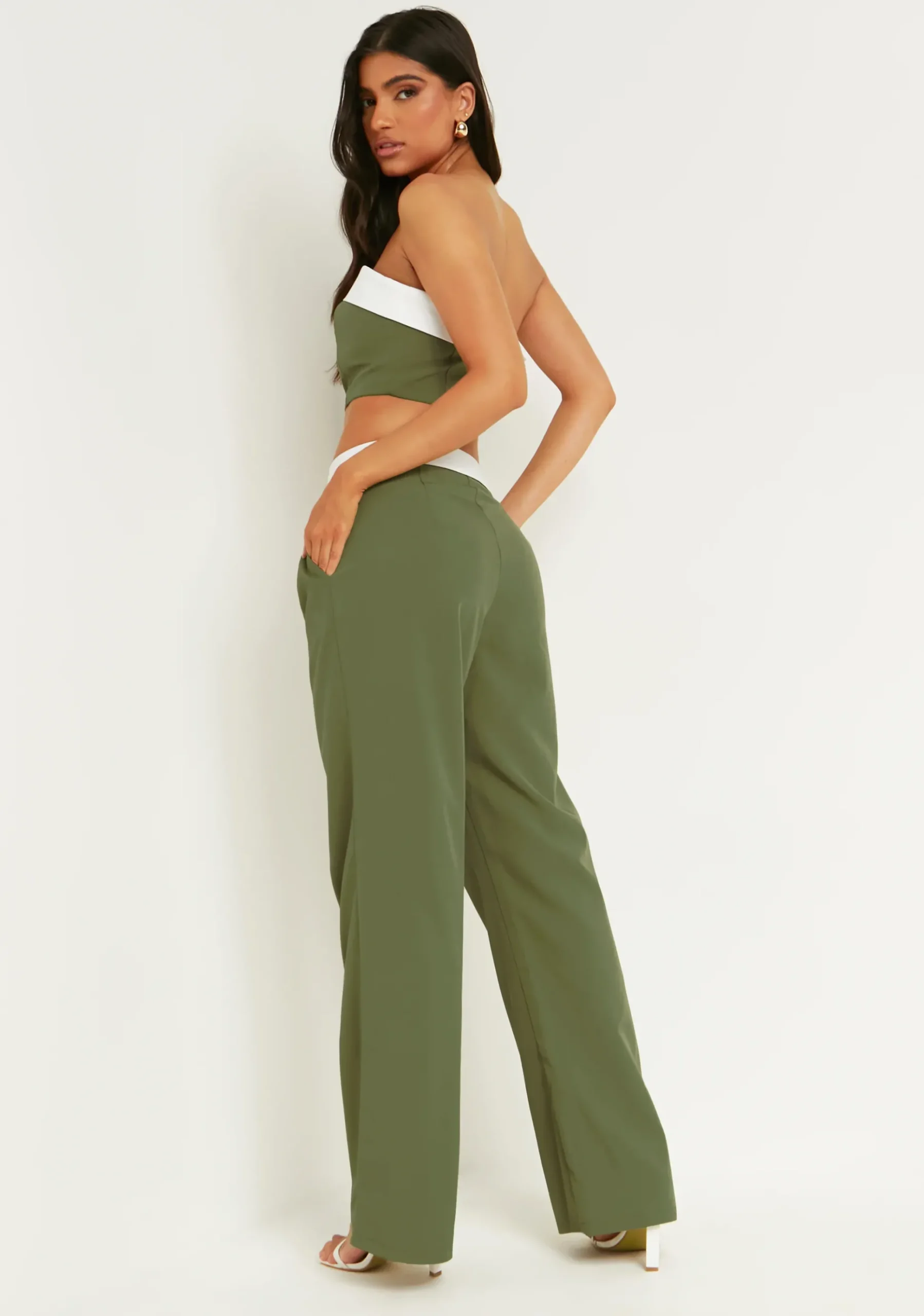 Sale Gracie Khaki Fold Over Waist Wide Leg Trousers Women Trousers
