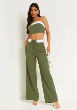 Sale Gracie Khaki Fold Over Waist Wide Leg Trousers Women Trousers