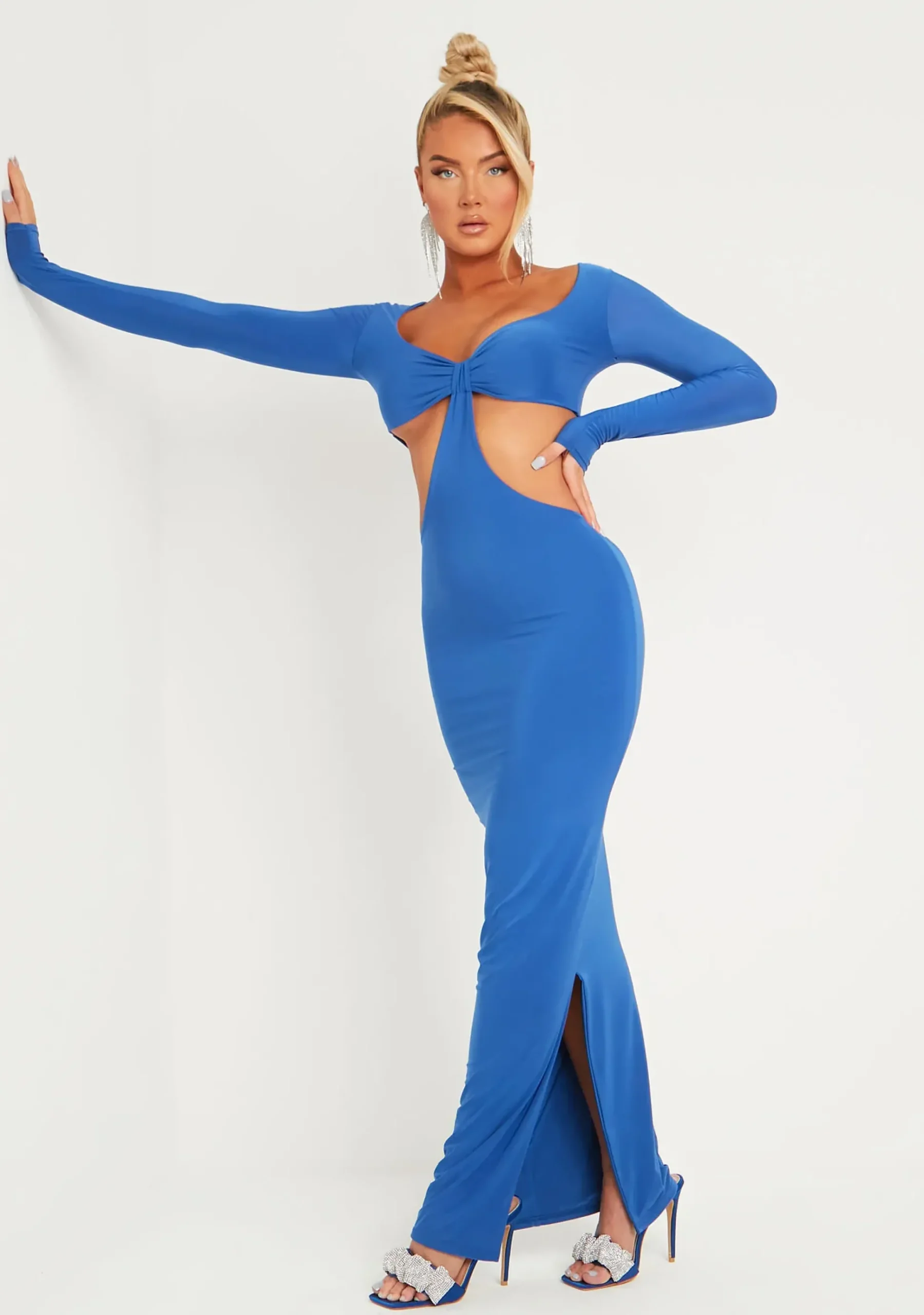 Discount Gypsi Cobalt Blue Double Layer Slinky Long Sleeve Cut Out Maxi Dress Women Dresses