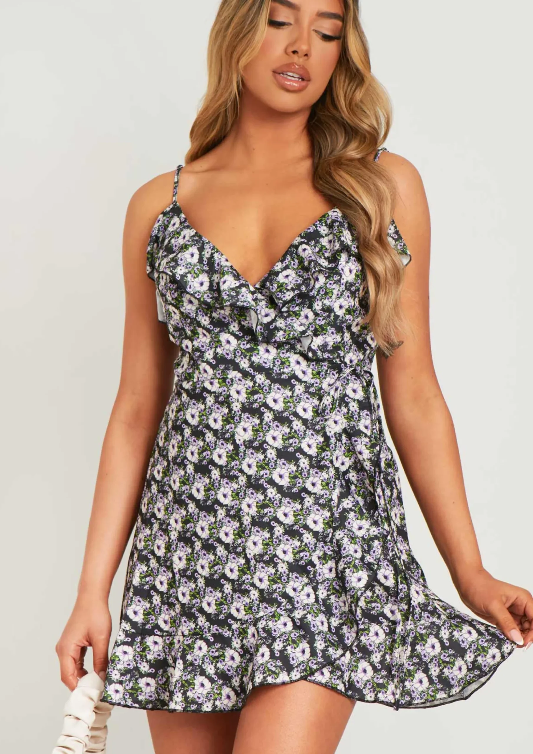 Best Haila Black Ditsy Floral Wrap Mini Frill Dress Women Dresses