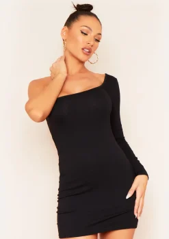 Online Hailey Black One Sleeve Thick Jersey Mini Dress Women Dresses