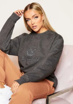 Best Sale Halyn Charcoal Grey St. Moritz Slogan Oversized Sweatshirt Women Loungewear