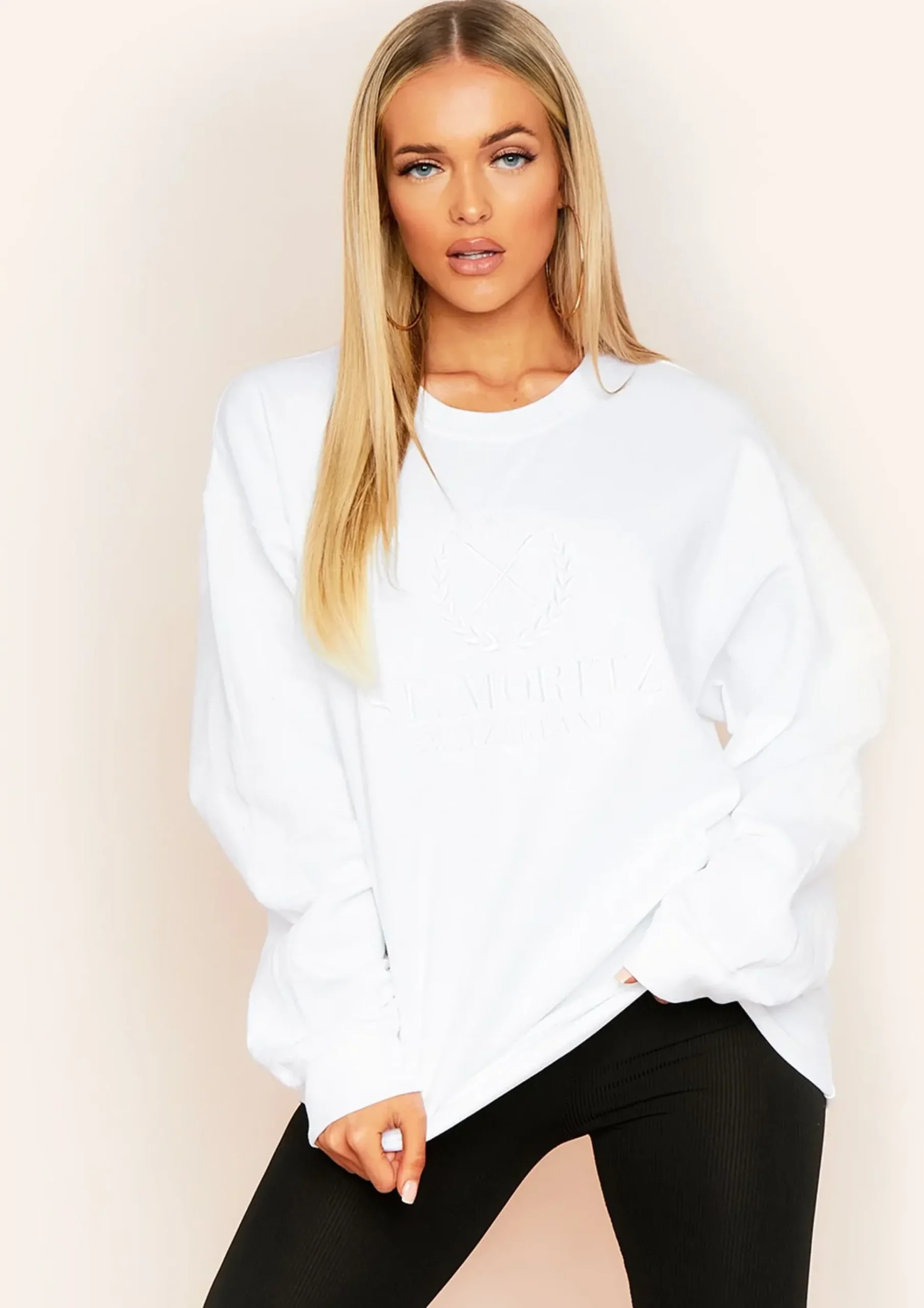 New Halyn White St. Moritz Slogan Oversized Sweatshirt Women Loungewear